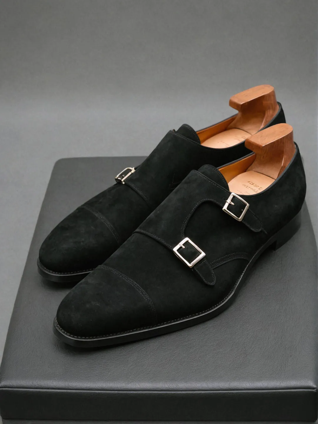 Black Suede Leather Lysander Toe Cap Monk Straps sold by Costoso Italiano