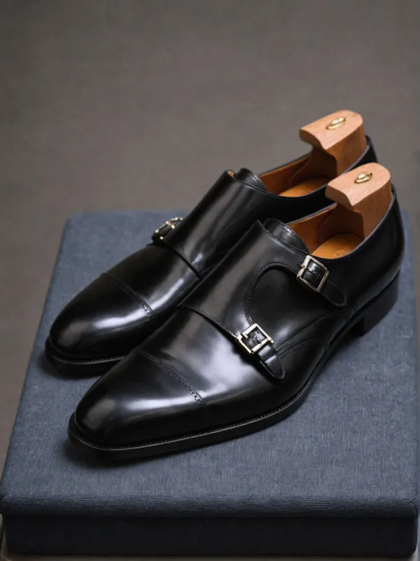 Black Leather Lysander Toe Cap Monk Straps sold by Costoso Italiano