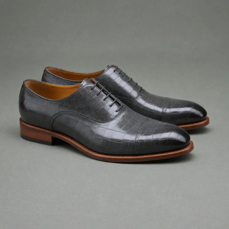 Grey Croc Print Leather Woodford Balmoral Toe Cap Oxfords - Formal Shoes sold by Costoso Italiano