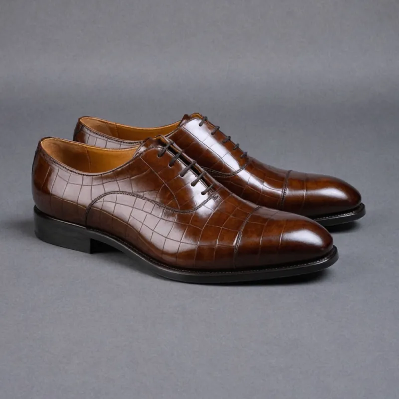 Brown Croc Print Leather Woodford Balmoral Toe Cap Oxfords - Formal Shoes sold by Costoso Italiano