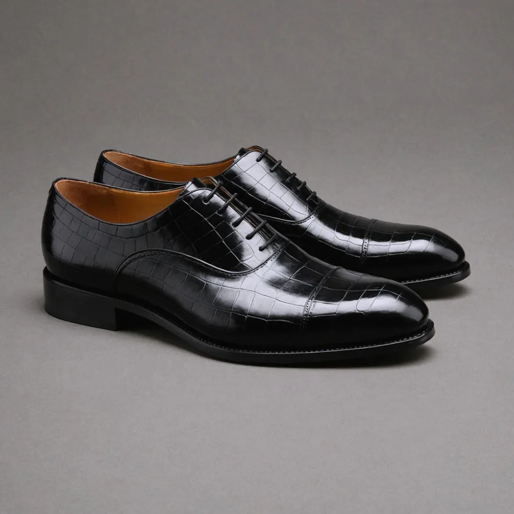 Black Croc Print Leather Woodford Balmoral Toe Cap Oxfords - Formal Shoes sold by Costoso Italiano
