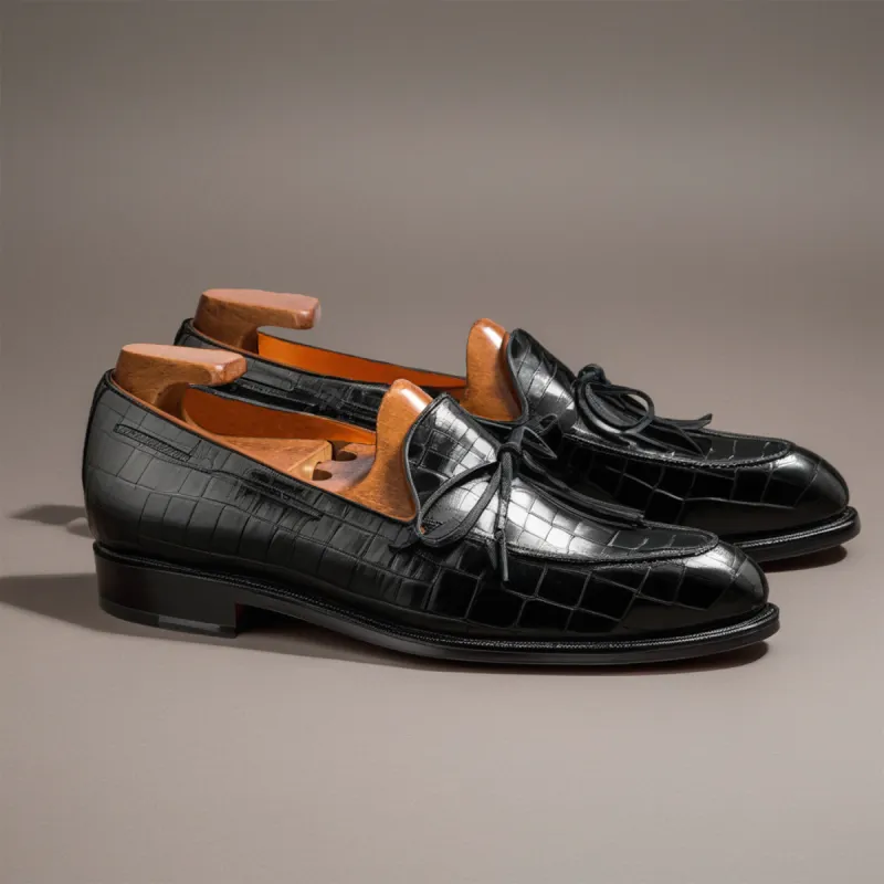 Black Croc Print Leather Leather Yukon Loafers sold by Costoso Italiano