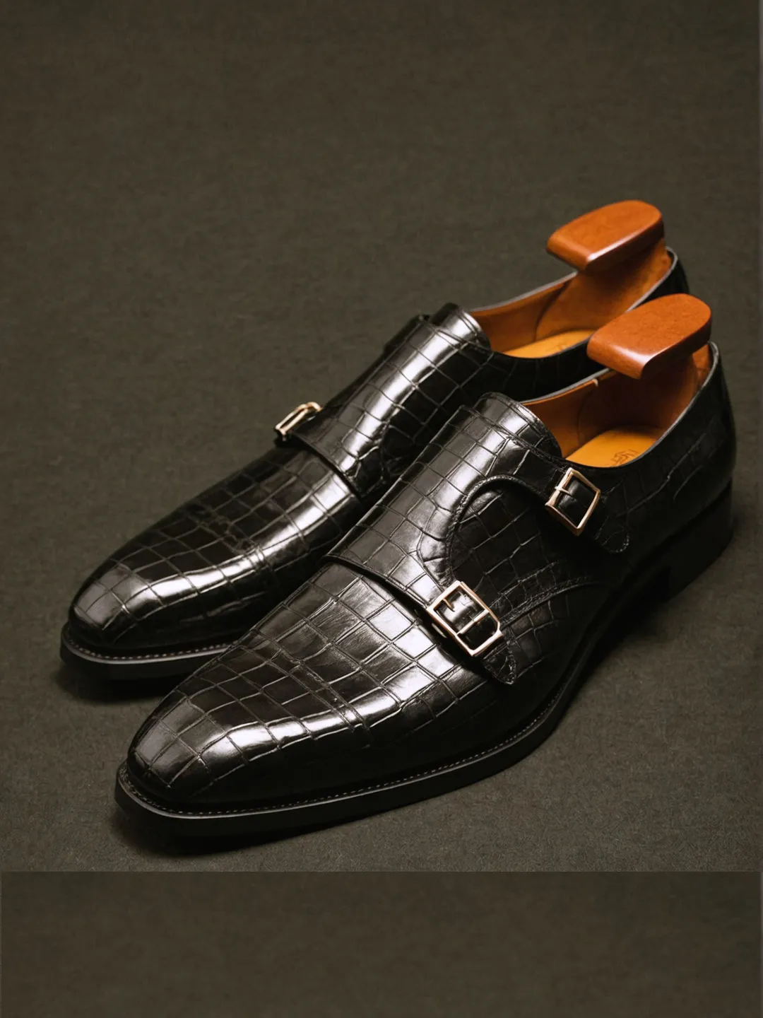 Black Croc Print Leather Lysander Toe Cap Monk Straps sold by Costoso Italiano