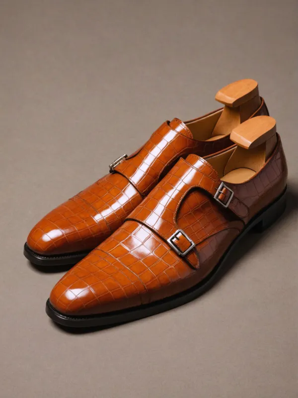 Tan Croc Print Leather Lysander Toe Cap Monk Straps sold by Costoso Italiano