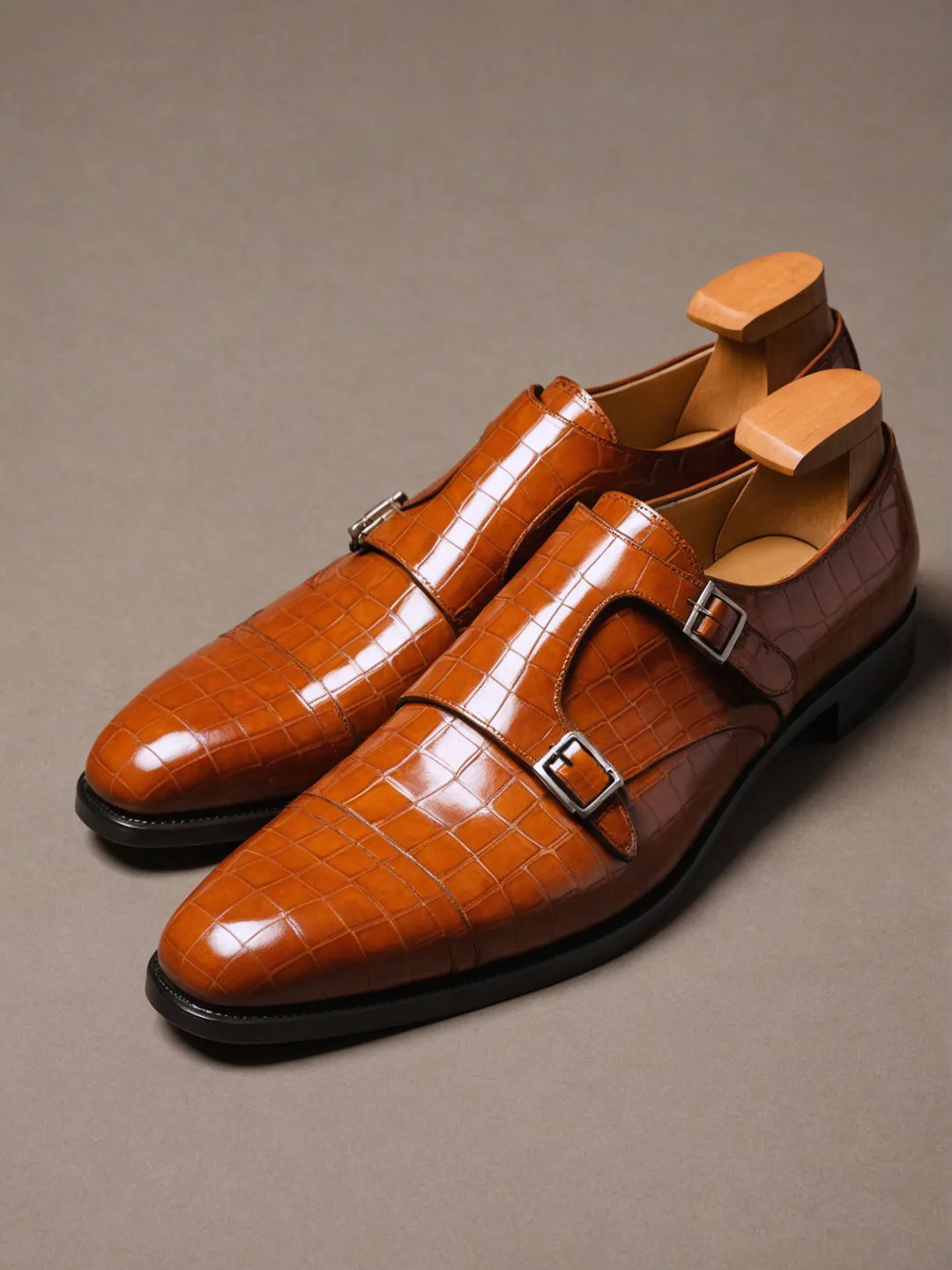 Tan Croc Print Leather Lysander Toe Cap Monk Straps sold by Costoso Italiano