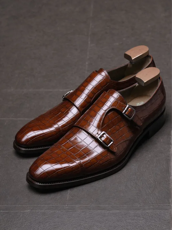 Brown Croc Print Leather Lysander Toe Cap Monk Straps sold by Costoso Italiano