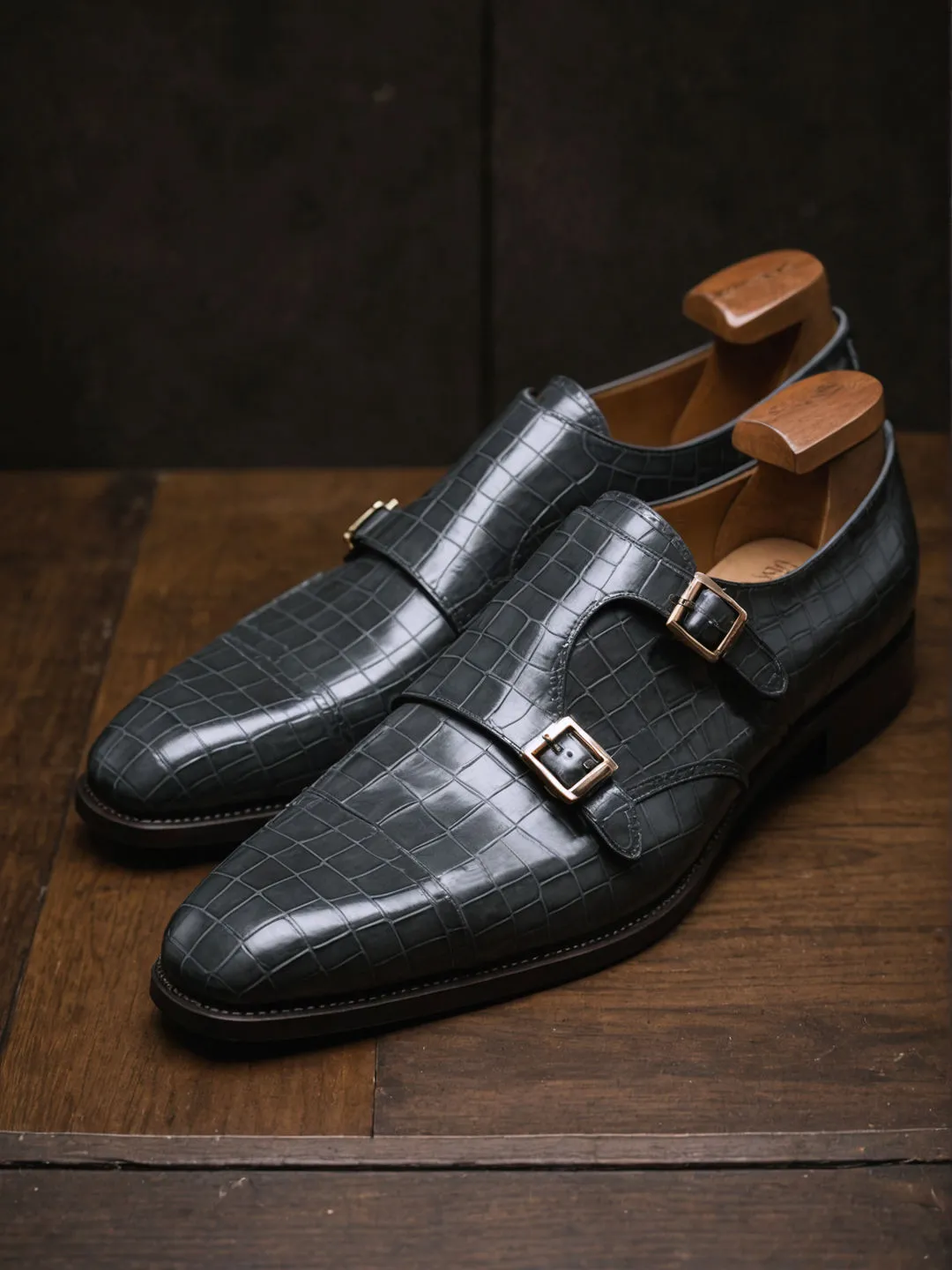 Grey Croc Print Leather Lysander Toe Cap Monk Straps sold by Costoso Italiano