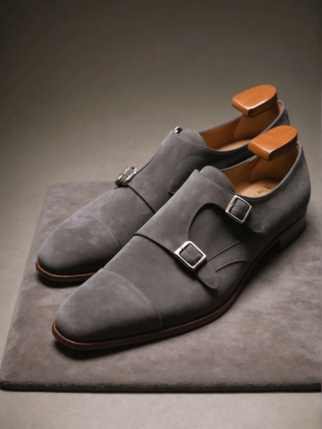 Grey Suede Leather Lysander Toe Cap Monk Straps sold by Costoso Italiano