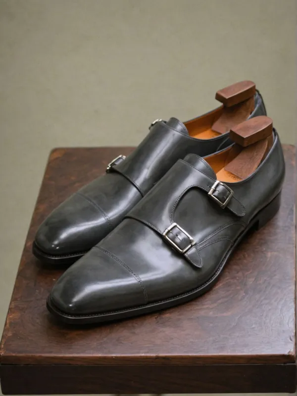 Grey Leather Lysander Toe Cap Monk Straps sold by Costoso Italiano