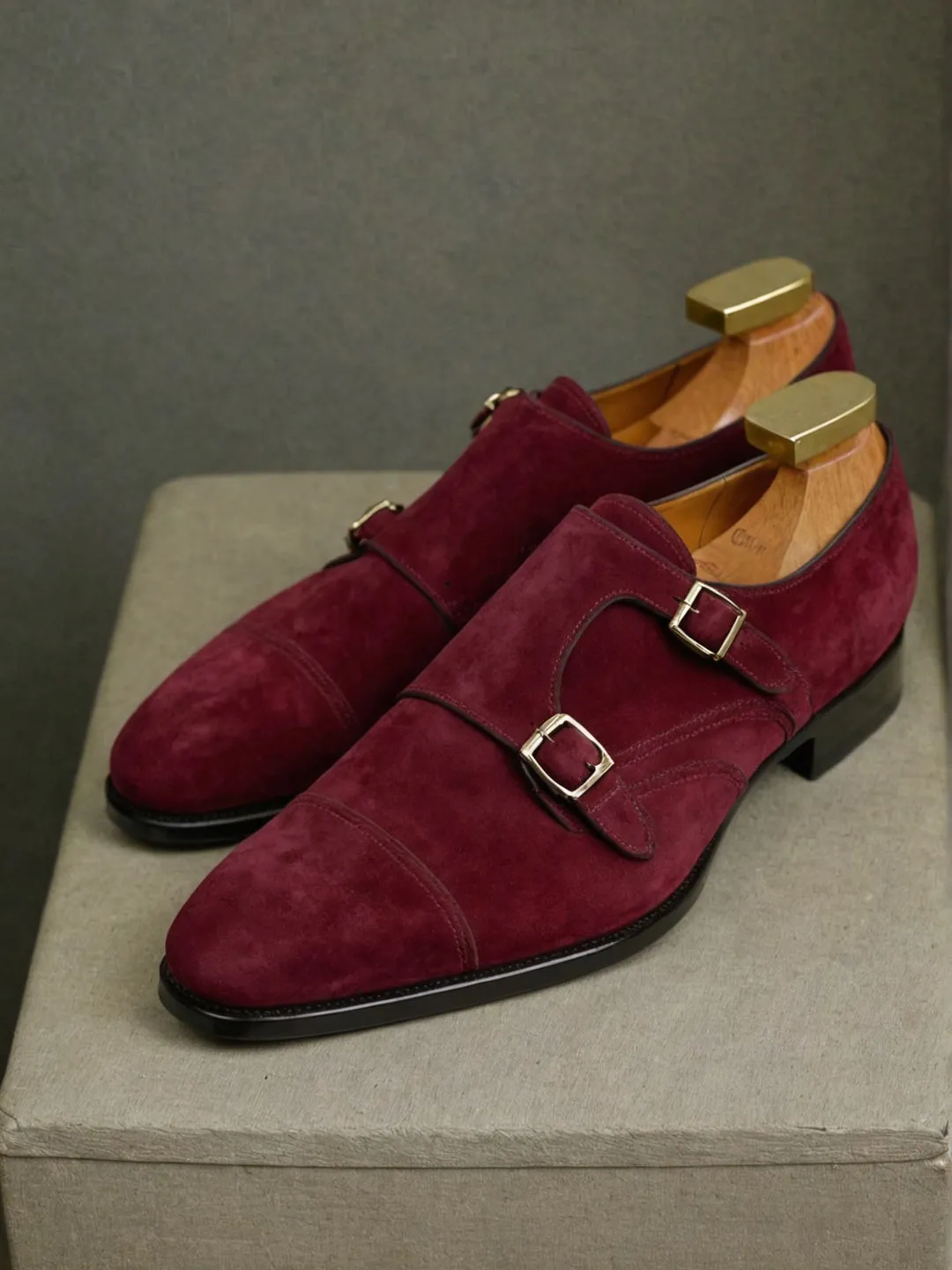 Burgundy Suede Leather Lysander Toe Cap Monk Straps sold by Costoso Italiano