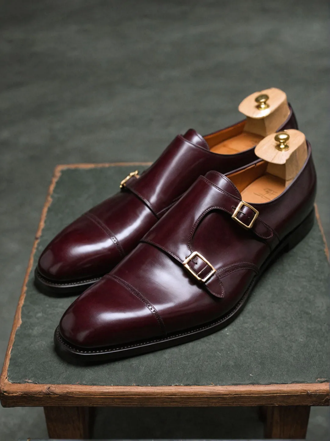Burgundy Leather Lysander Toe Cap Monk Straps sold by Costoso Italiano