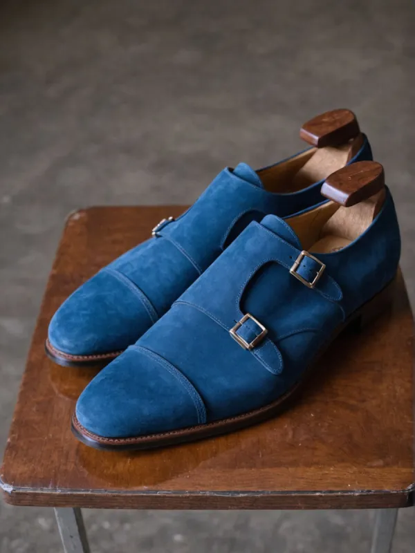 Blue Suede Leather Lysander Toe Cap Monk Straps sold by Costoso Italiano