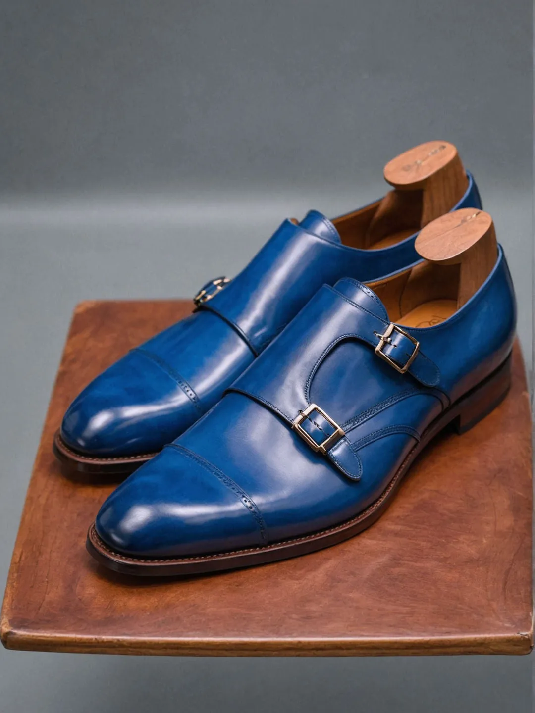 Blue Leather Lysander Toe Cap Monk Straps sold by Costoso Italiano