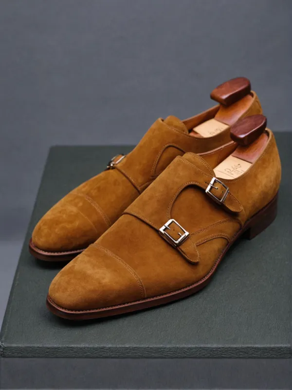 Tan Suede Leather Lysander Toe Cap Monk Straps sold by Costoso Italiano