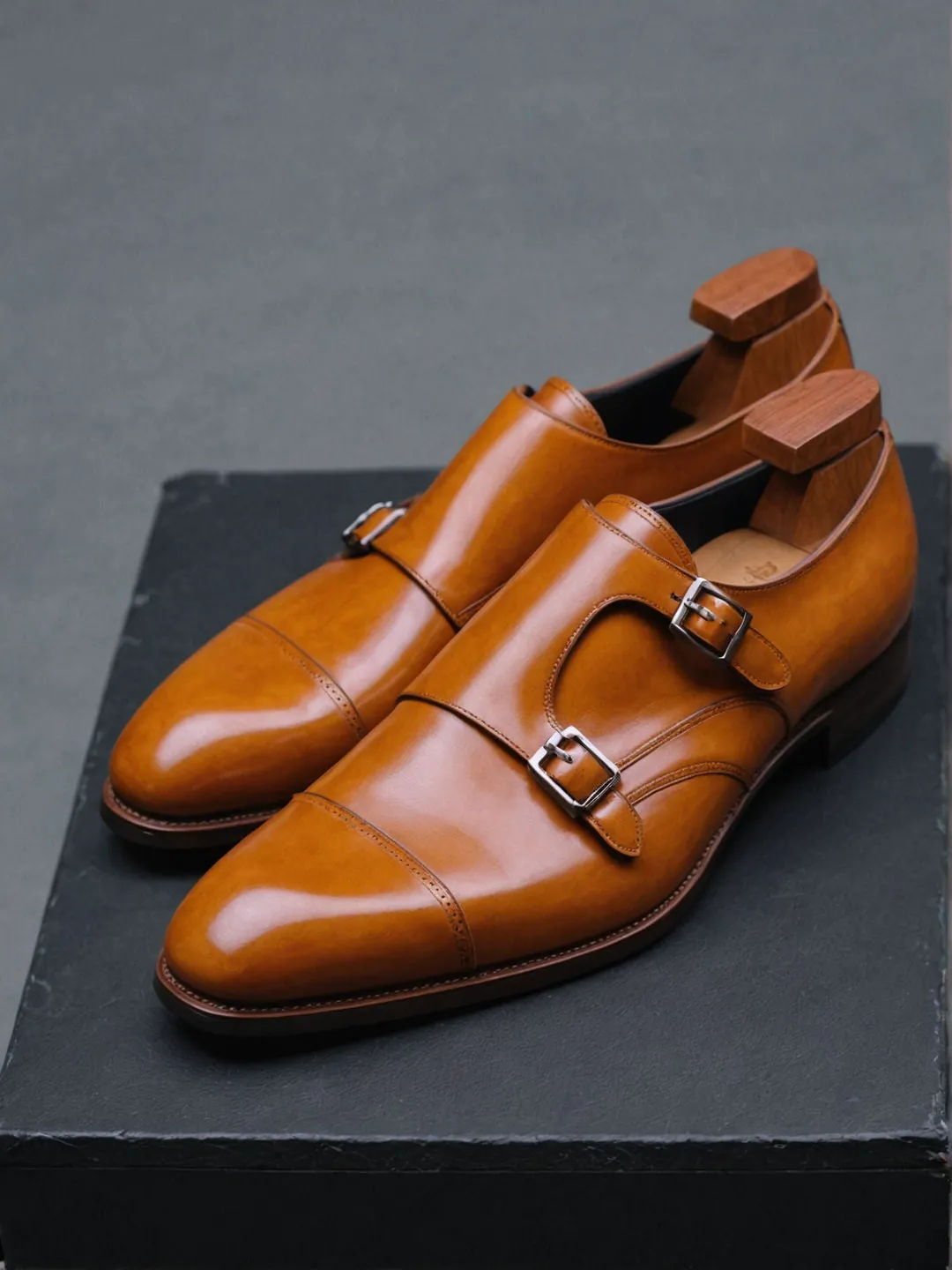Tan Leather Lysander Toe Cap Monk Straps sold by Costoso Italiano