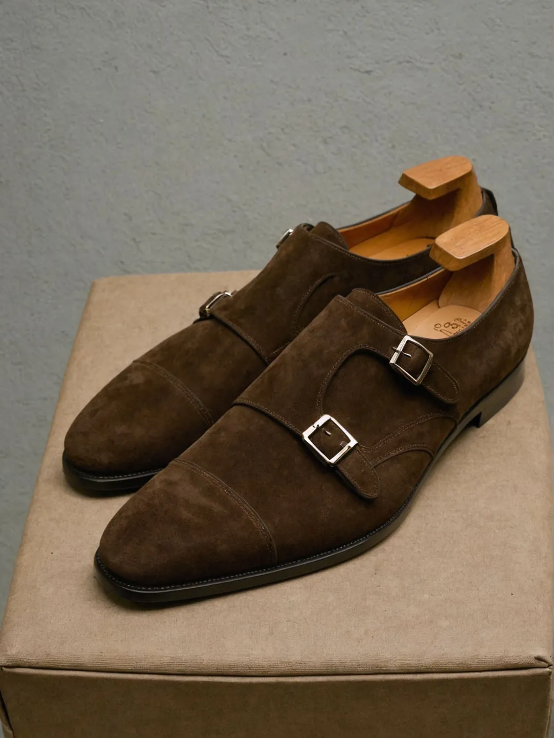 Dark Brown Suede Leather Lysander Toe Cap Monk Straps sold by Costoso Italiano