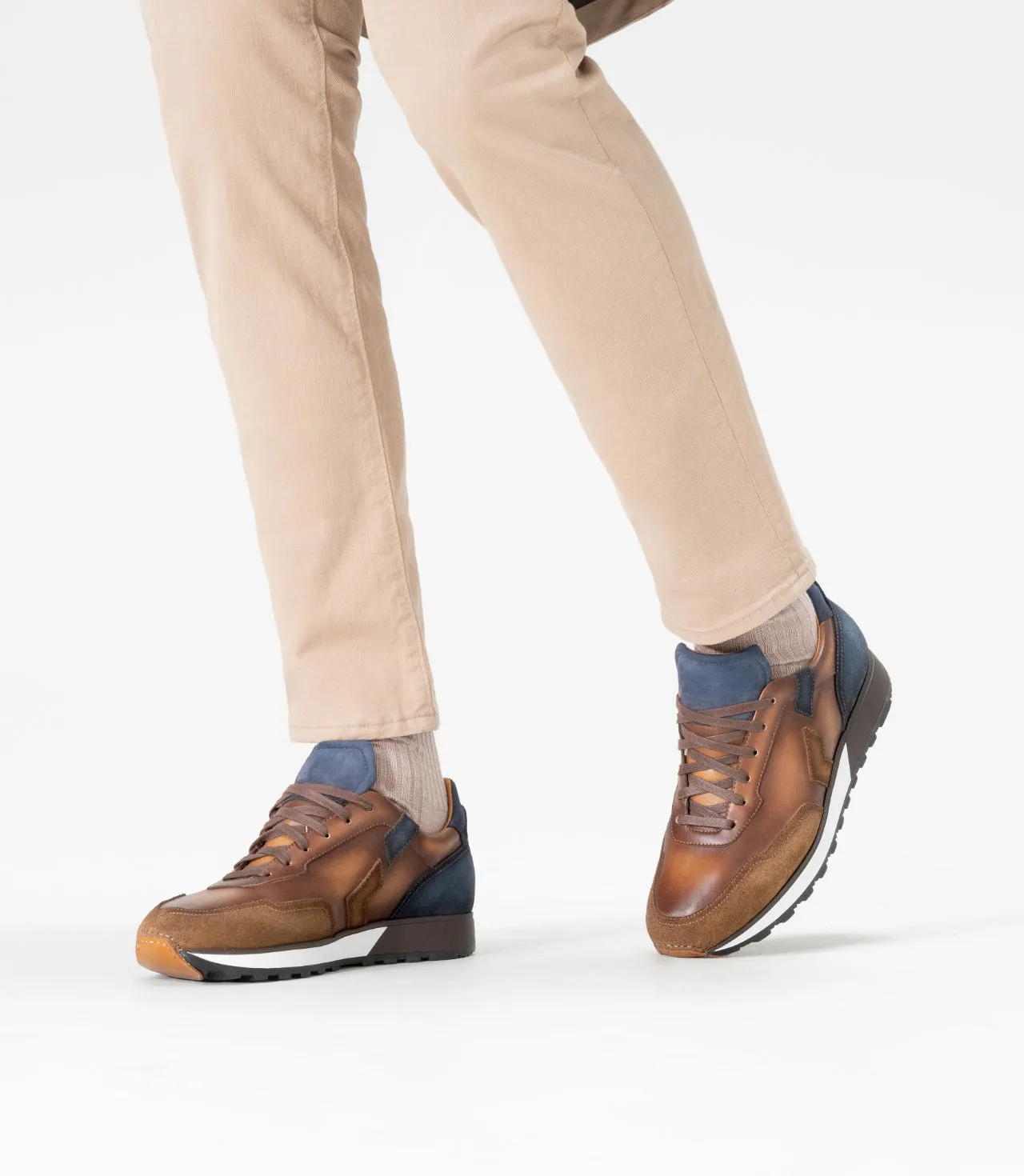 Tan Suede and Brown Leather Newsara Lace Up Running Sneaker Shoes sold by Costoso Italiano