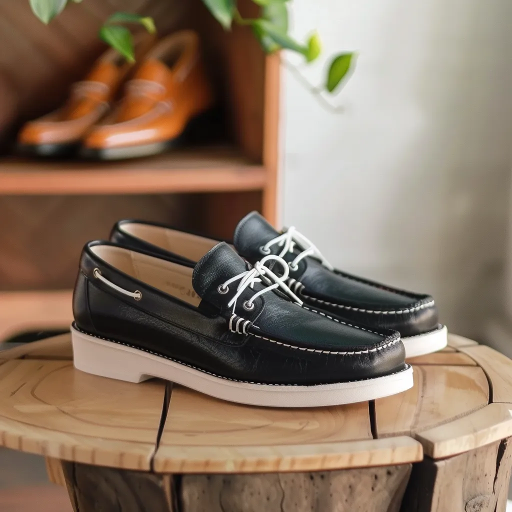 Black Luca Boat Shoes with White Sole sold by Costoso Italiano