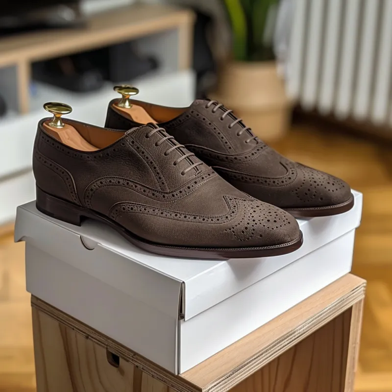 Brown Nubuck Leather Logan Brogue Oxfords - Formal Shoes sold by Costoso Italiano