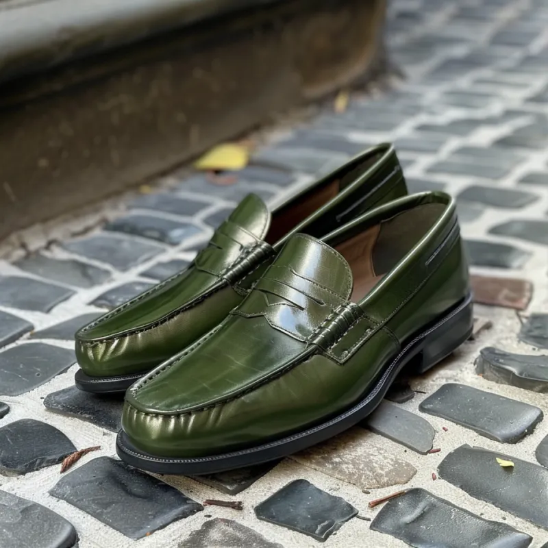 Green Leather Leandro Loafers sold by Costoso Italiano