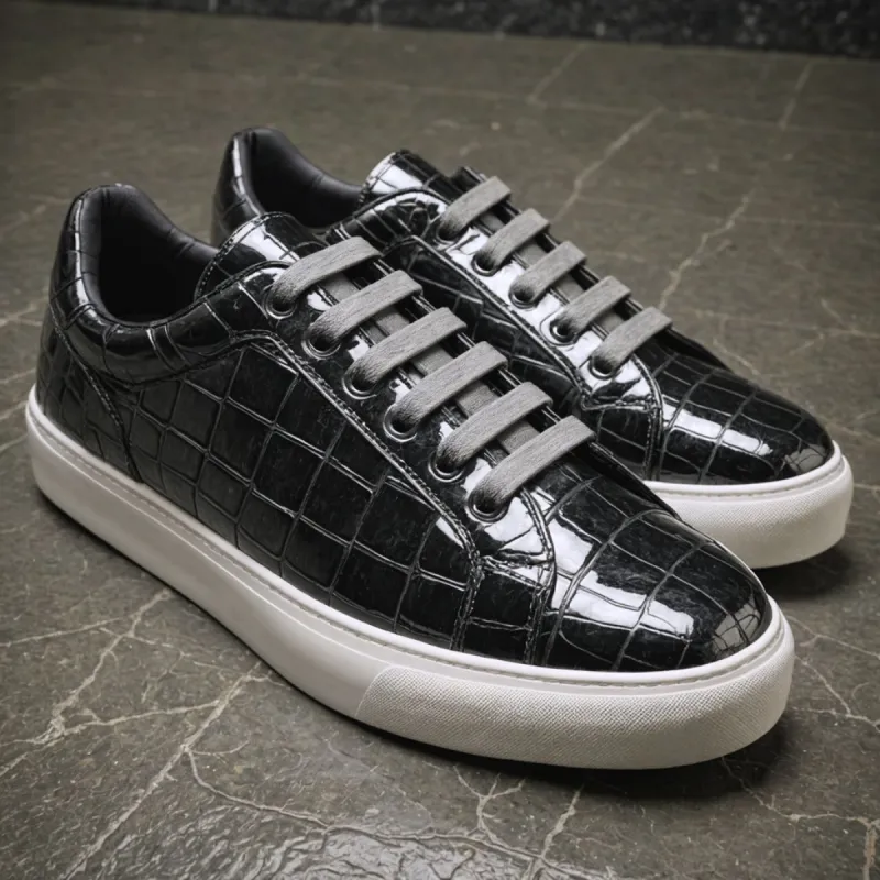 Black Croc Print Leather NiccolÃ² Lace Up Sneakers sold by Costoso Italiano