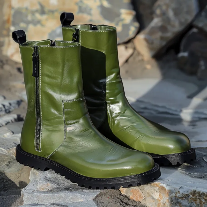 Green Leather Agostino Slip On Zipper Western Cowboy Boots sold by Costoso Italiano