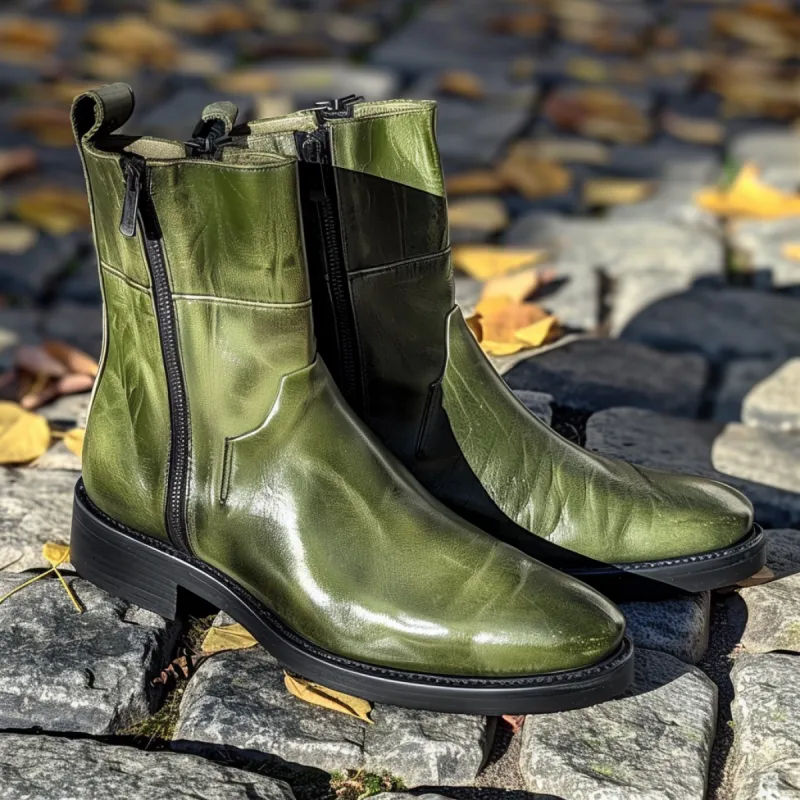 Green Leather Agostino Slip On Zipper Western Cowboy Boots sold by Costoso Italiano