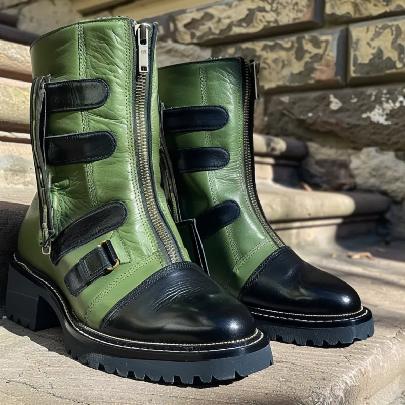 Green & Black Leather Aldo Slip On Zipper Western Cowboy Boots sold by Costoso Italiano