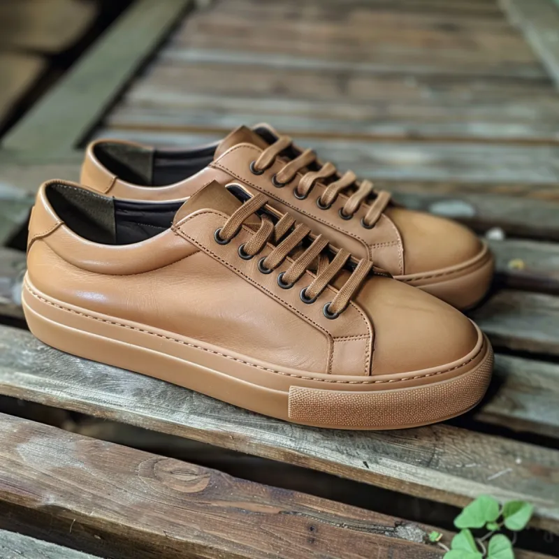 Tan Leather Secondo Lace-Up Sneakers With Honey Colour Sole sold by Costoso Italiano