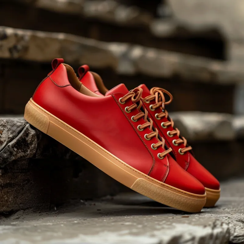 Red Leather Rosario Lace-Up Sneakers With Honey Colour Sole sold by Costoso Italiano
