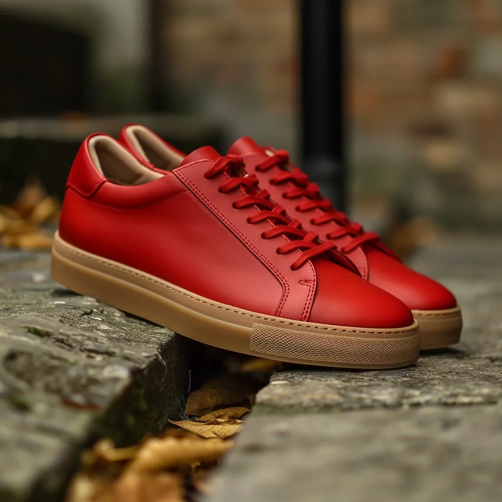 Red Leather Romeo Lace-Up Sneakers With Honey Colour Sole sold by Costoso Italiano