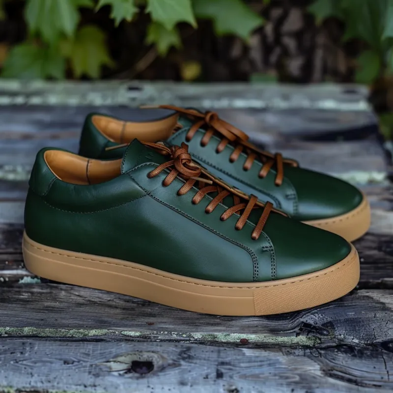 Green Leather Rocco Lace-Up Sneakers With Honey Colour Sole sold by Costoso Italiano