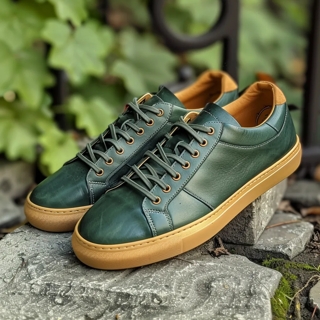 Green Leather Rodolfo Lace-Up Sneakers With Honey Colour Sole sold by Costoso Italiano