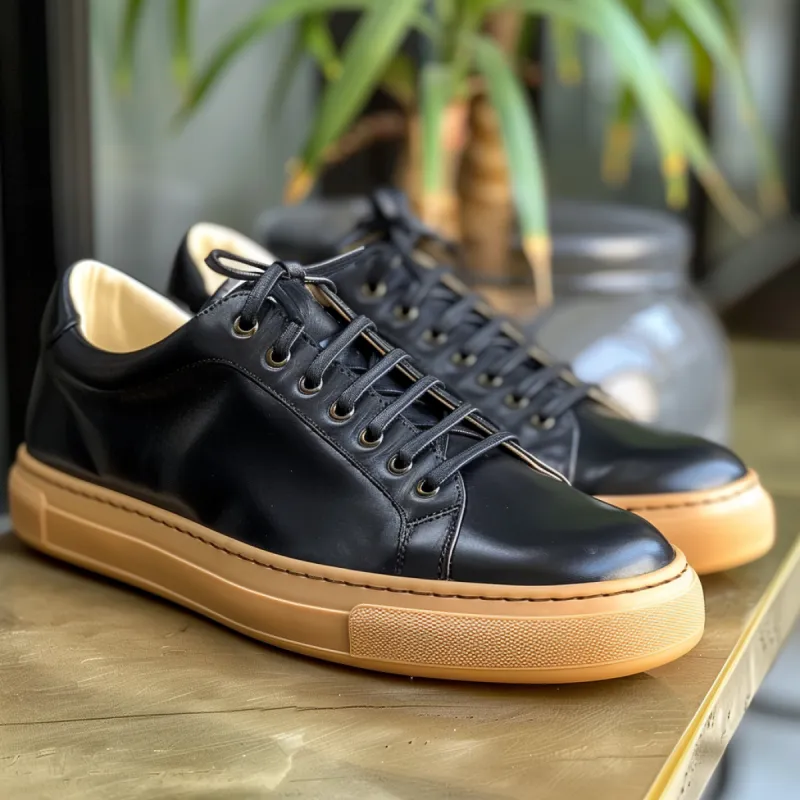 Black Leather Raniero Lace-Up Sneakers With Honey Colour Sole sold by Costoso Italiano