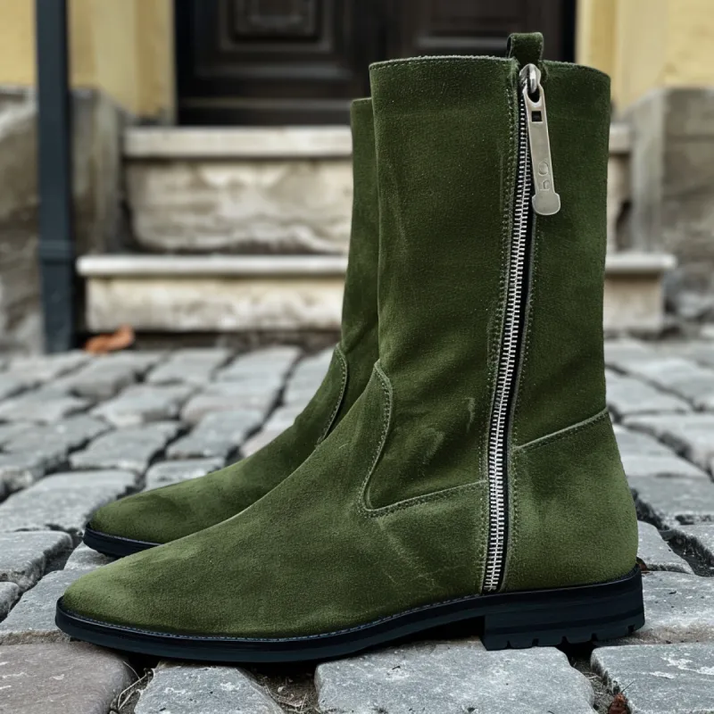Green Suede Prospero Zipper Boots sold by Costoso Italiano
