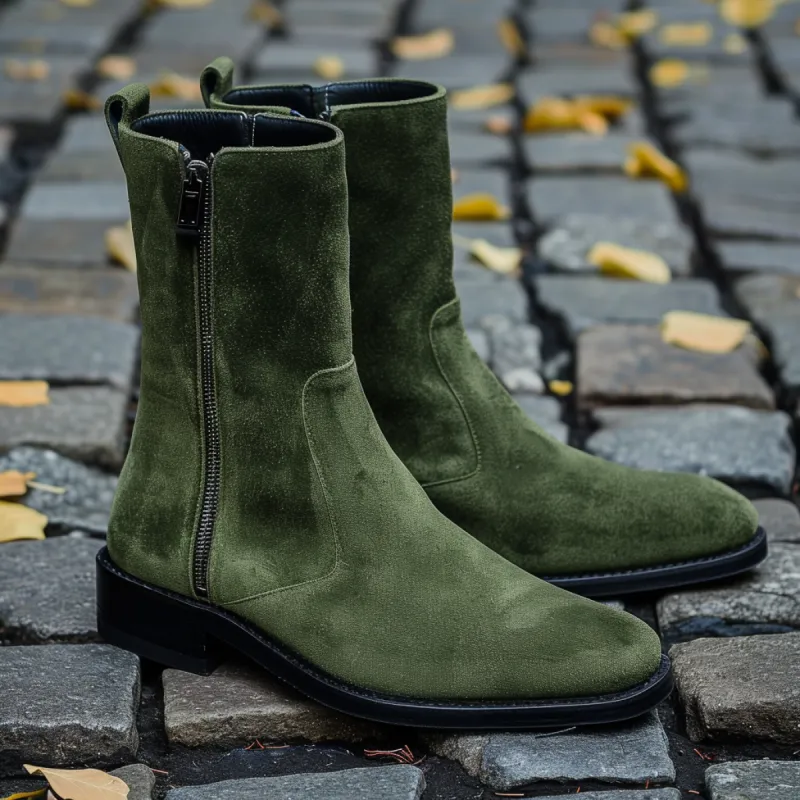 Green Suede Placido Zipper Boots sold by Costoso Italiano