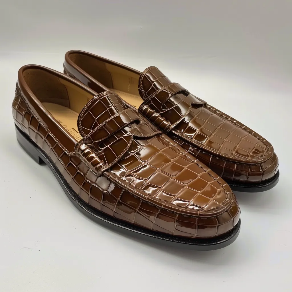 brown Croc Print Leather Costanzo Loafers sold by Costoso Italiano