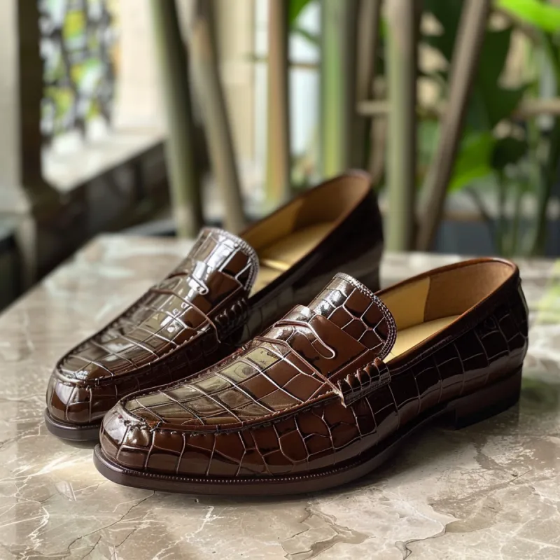 brown Croc Print Leather Clodomiro Loafers sold by Costoso Italiano