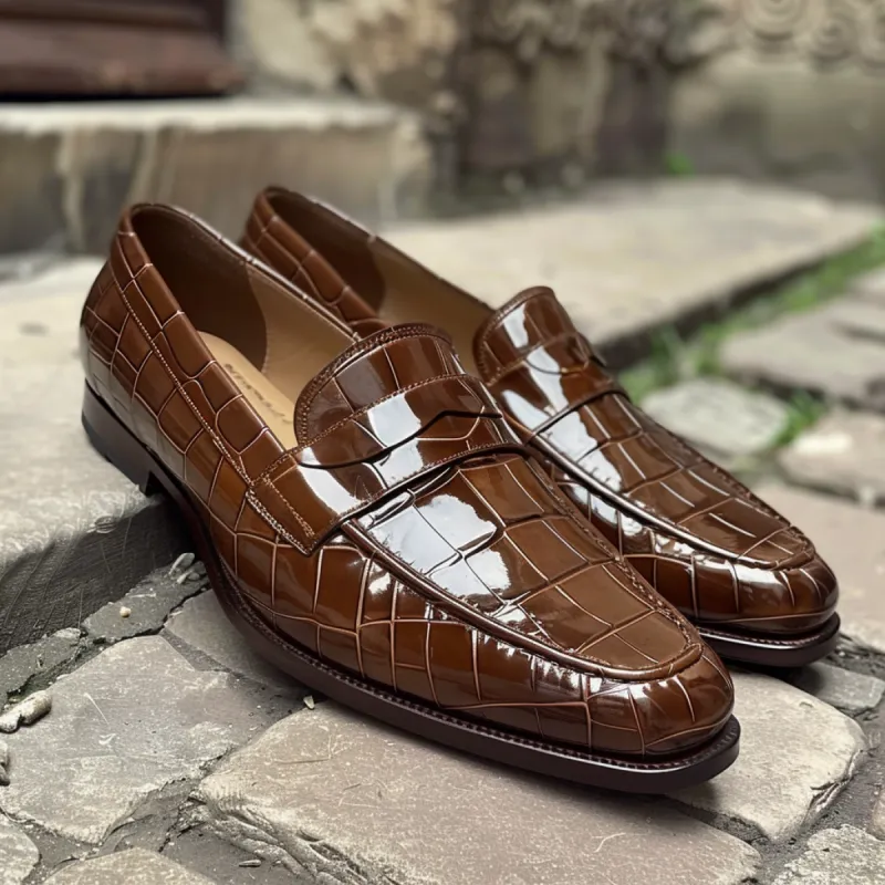 brown Croc Print Leather Cesario Loafers sold by Costoso Italiano