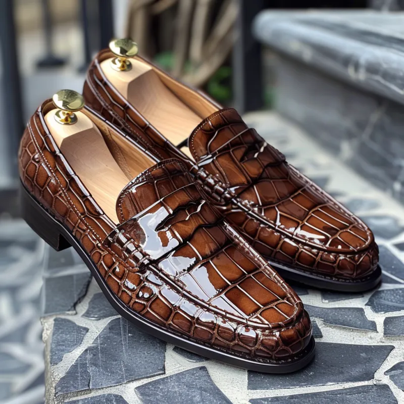 brown Croc Print Leather Bertoldo Loafers sold by Costoso Italiano