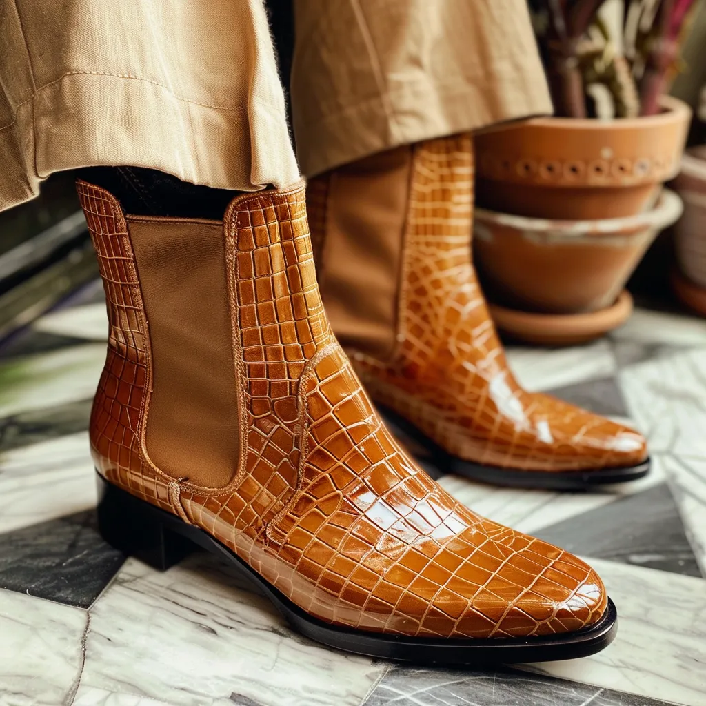 Tan Croc Print Leather Aldobrando ride Slip On Chelsea Boots sold by Costoso Italiano