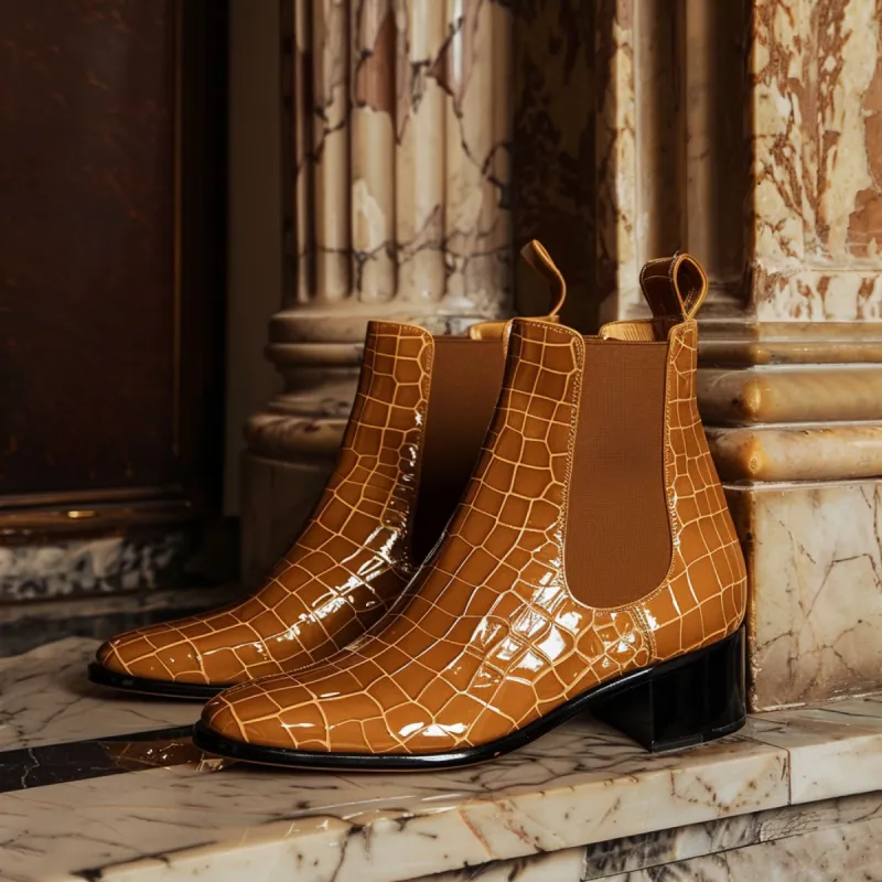 Tan Croc Print Leather Alberto ride Slip On Chelsea Boots sold by Costoso Italiano