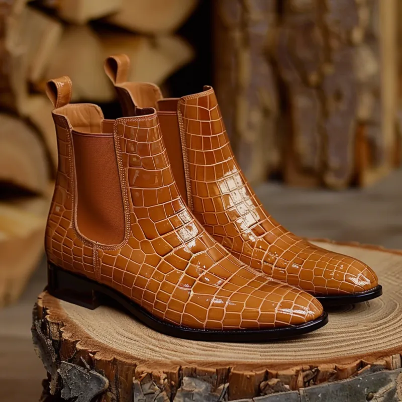 Tan Croc Print Leather Agapito ride Slip On Chelsea Boots sold by Costoso Italiano