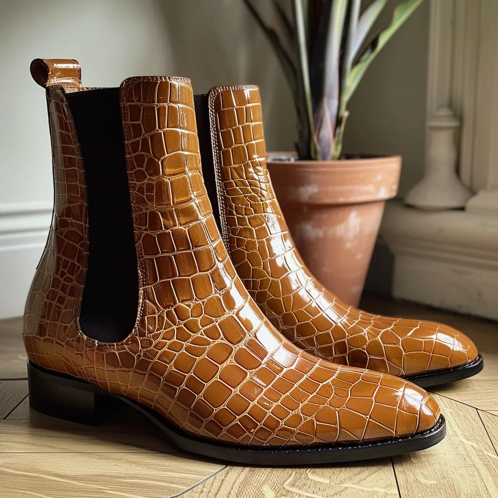 Tan Croc Print Leather Secondo ride Slip On Chelsea Boots sold by Costoso Italiano