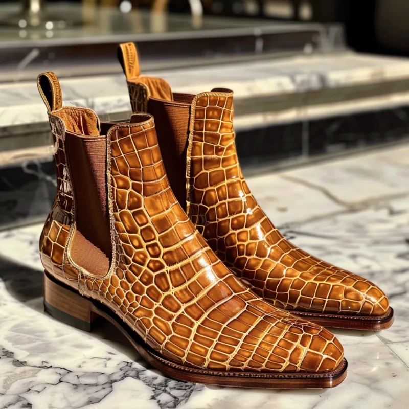 Tan Croc Print Leather Sabatino ride Slip On Chelsea Boots sold by Costoso Italiano