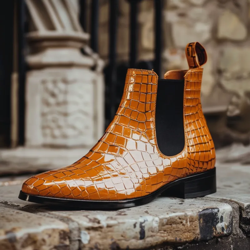 Tan Croc Print Leather Romolo ride Slip On Chelsea Boots sold by Costoso Italiano