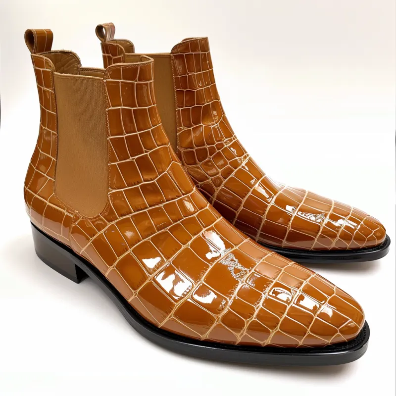 Tan Croc Print Leather Rinaldo ride Slip On Chelsea Boots sold by Costoso Italiano