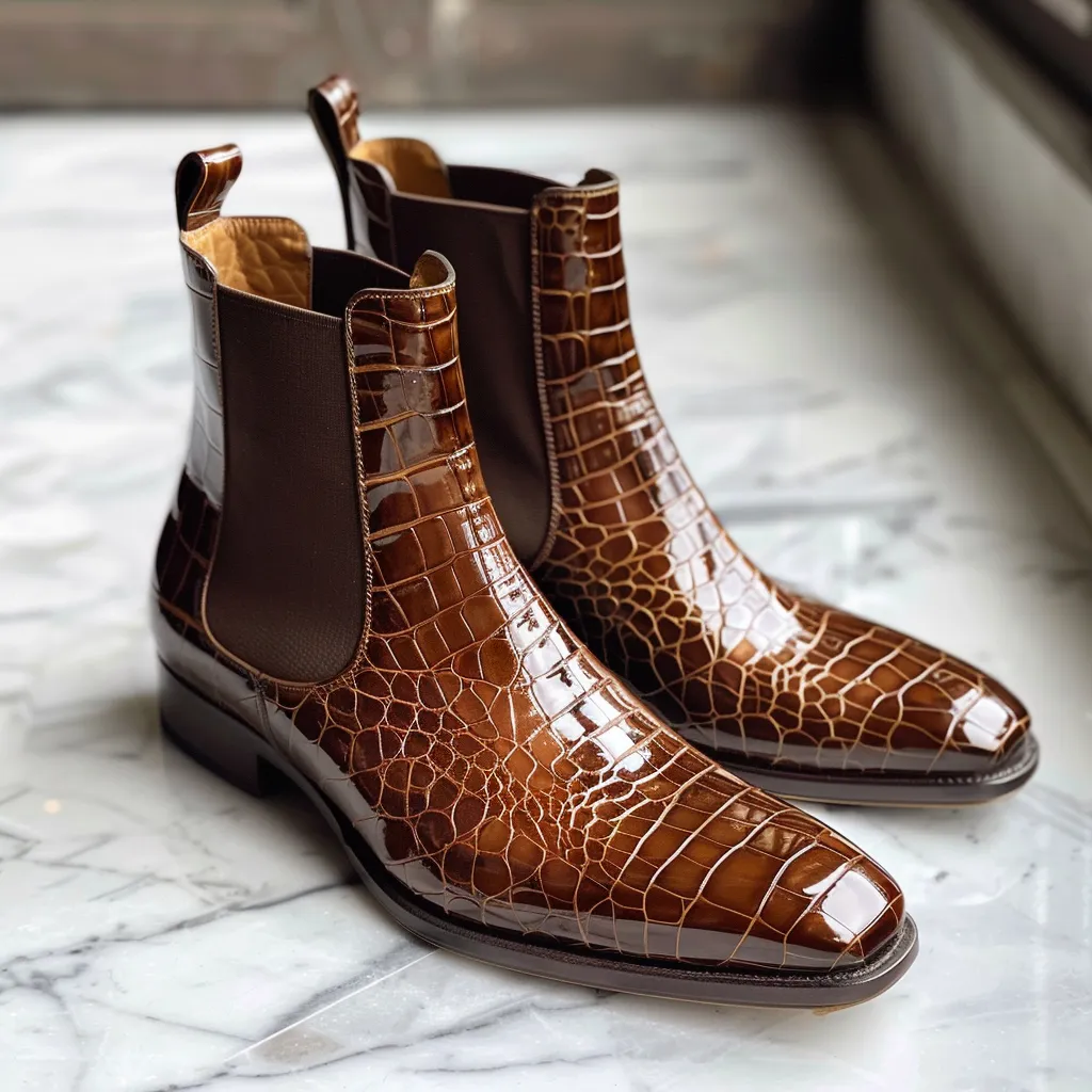 Brown Croc Print Leather Renato ride Slip On Chelsea Boots sold by Costoso Italiano
