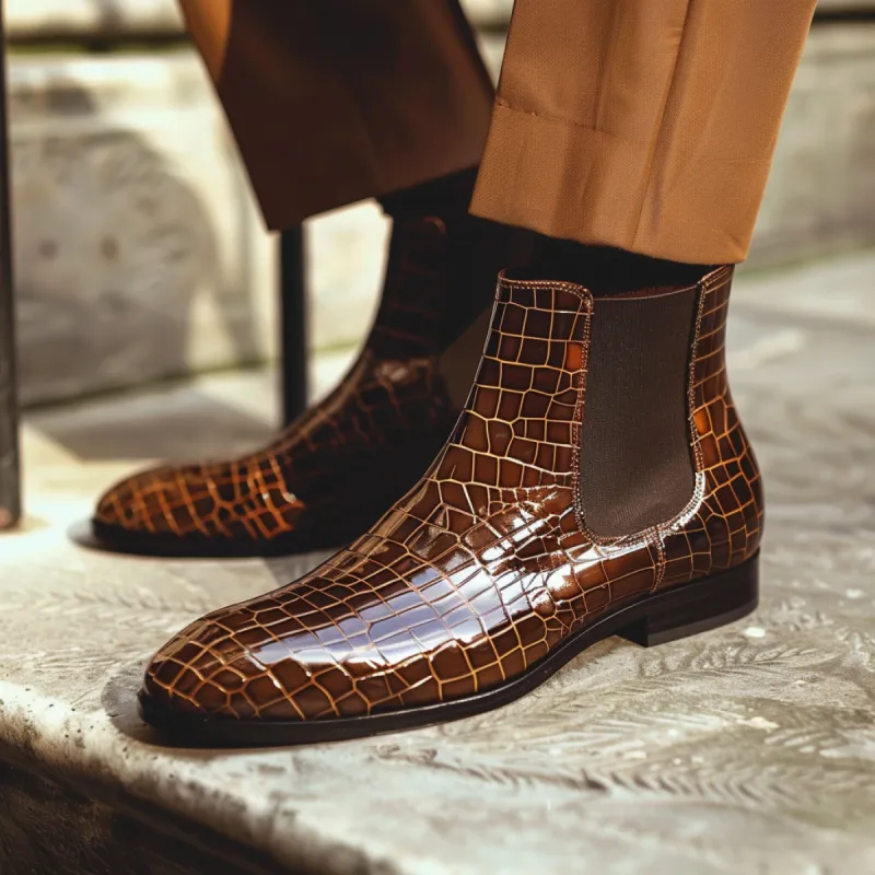 Brown Croc Print Leather Raniero ride Slip On Chelsea Boots sold by Costoso Italiano