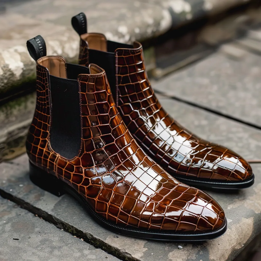 Brown Croc Print Leather Quirino ride Slip On Chelsea Boots sold by Costoso Italiano